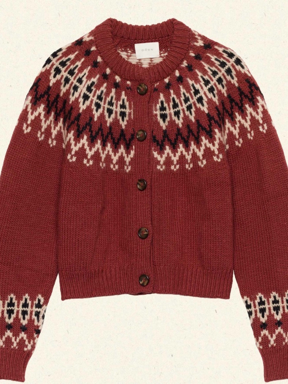 NWT Doen Hierloom Fair Isle Clarke Burgundy Knit Wool Cardigan